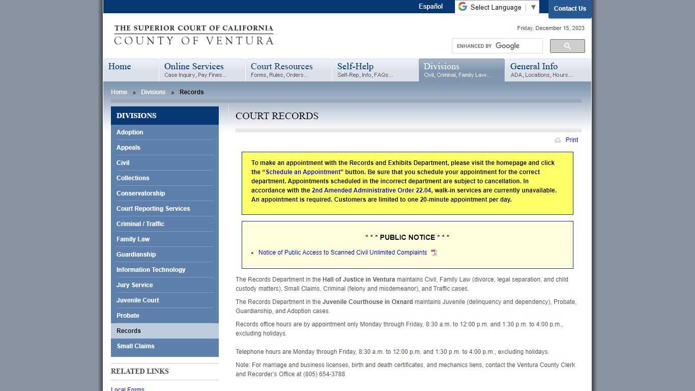 The Superior Court of California - County of Ventura - Court Records